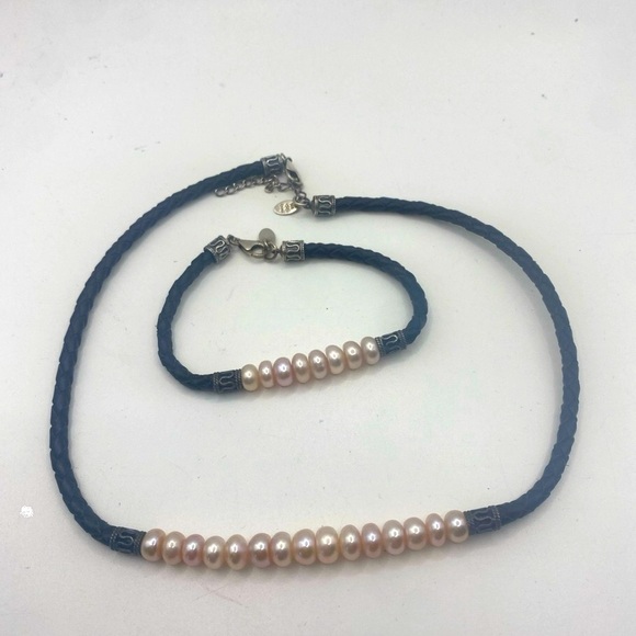 Elegant Pearl and Black Braided Jewelry Set 925 - Picture 4 of 4